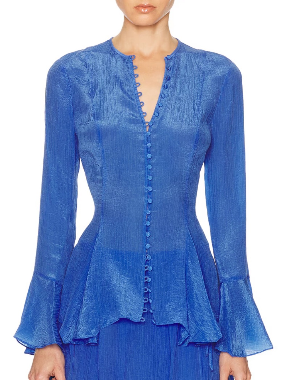Polo Ralph Lauren Leandra Button Front Crinkled Flare Sleeve Top Indigo Sky Blue